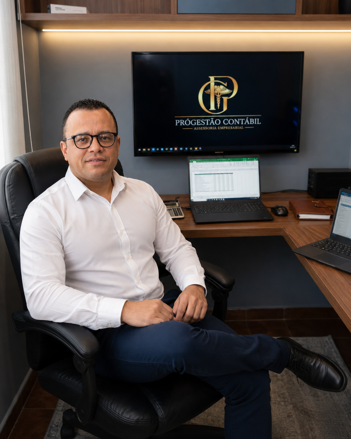 Profissional da Progestão Contábil em escritório com a marca da assessoria empresarial ao fundo